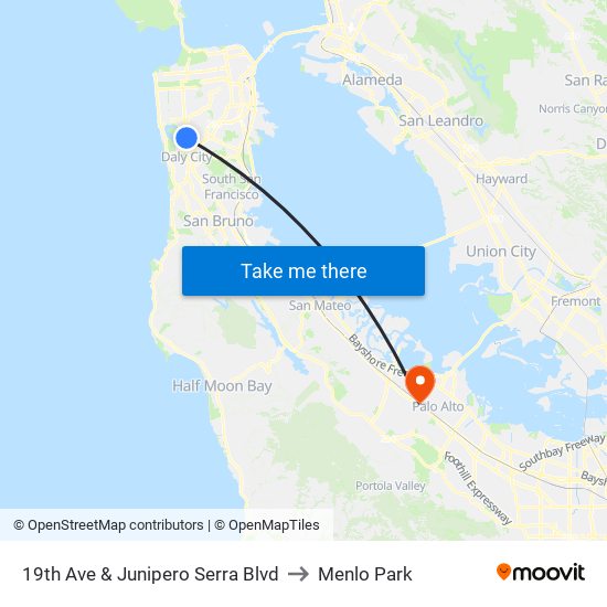 19th Ave & Junipero Serra Blvd to Menlo Park map