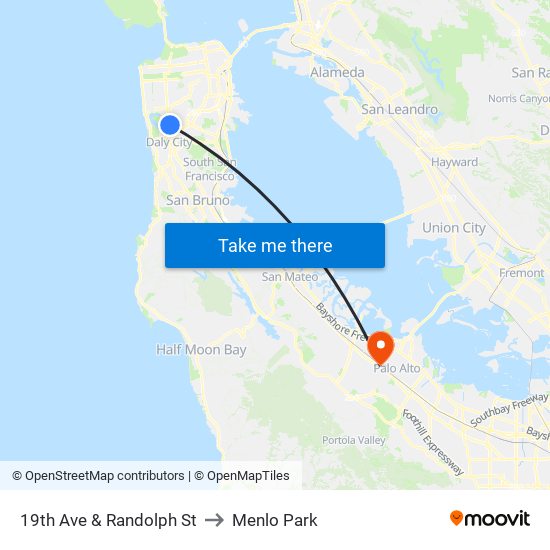 19th Ave & Randolph St to Menlo Park map