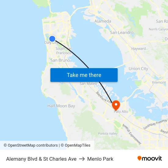Alemany Blvd & St Charles Ave to Menlo Park map