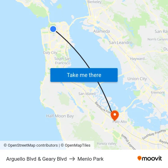 Arguello Blvd & Geary Blvd to Menlo Park map