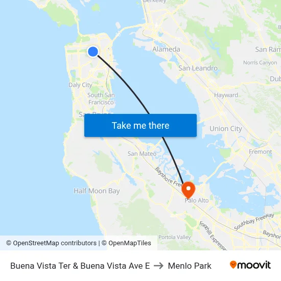 Buena Vista Ter & Buena Vista Ave E to Menlo Park map