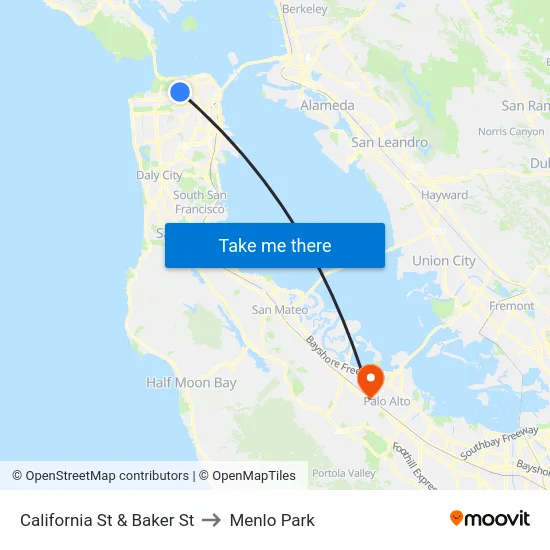 California St & Baker St to Menlo Park map