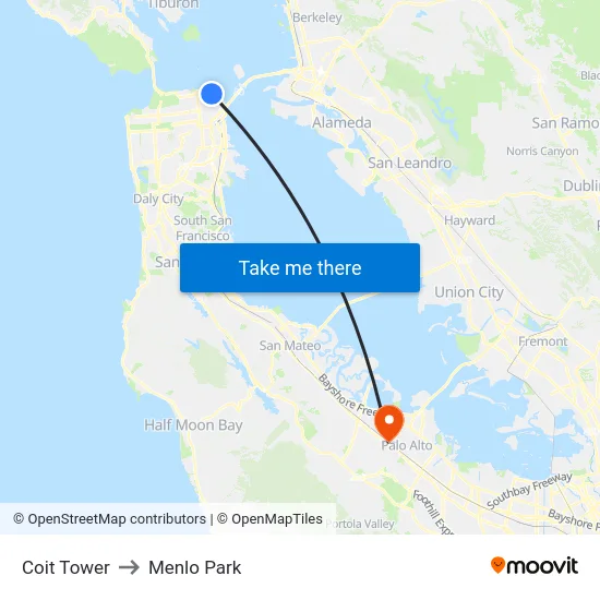 Coit Tower to Menlo Park map