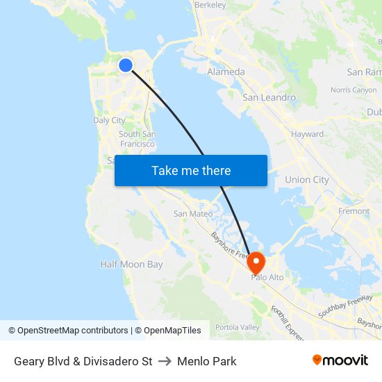 Geary Blvd & Divisadero St to Menlo Park map