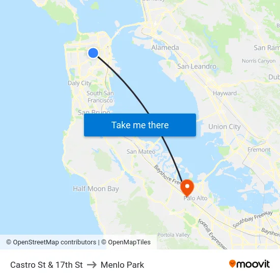 Castro St & 17th St to Menlo Park map