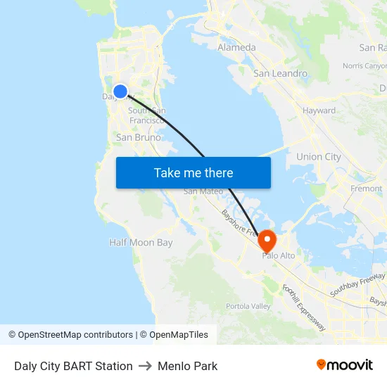 Daly City BART Station to Menlo Park map