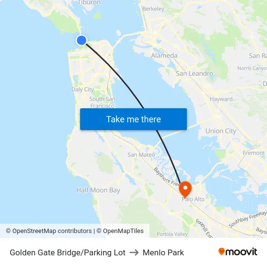 Golden Gate Bridge/Parking Lot to Menlo Park map