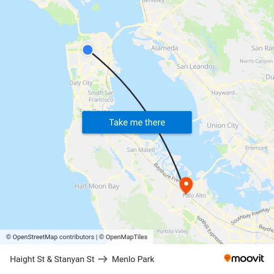 Haight St & Stanyan St to Menlo Park map