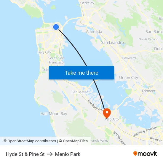 Hyde St & Pine St to Menlo Park map