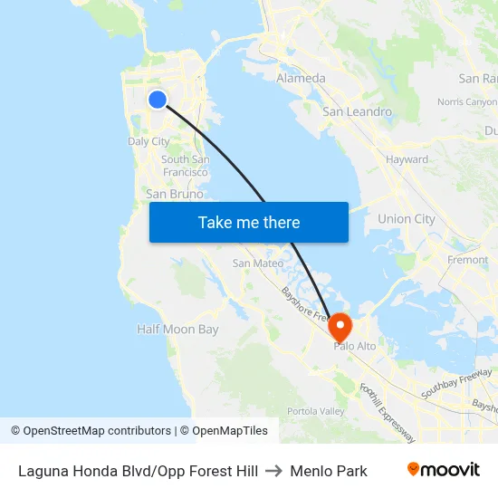 Laguna Honda Blvd/Opp Forest Hill to Menlo Park map