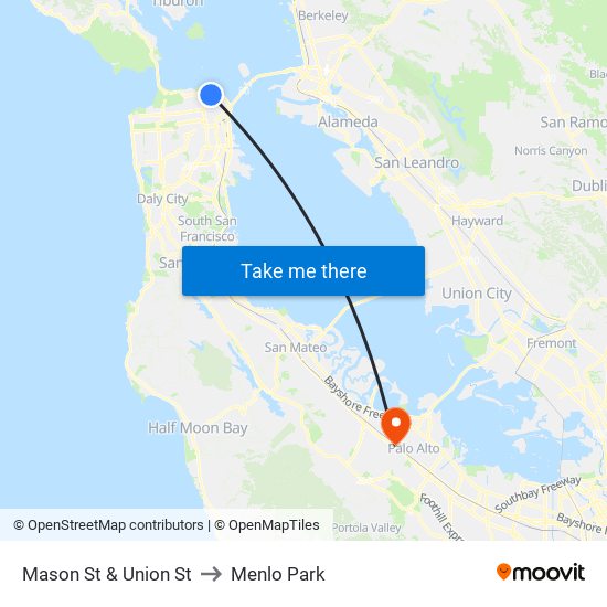 Mason St & Union St to Menlo Park map