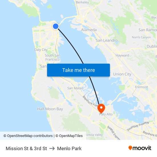 Mission St & 3rd St to Menlo Park map