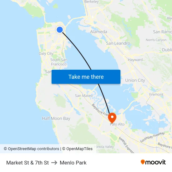 Market St & 7th St to Menlo Park map
