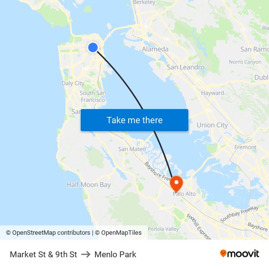 Market St & 9th St to Menlo Park map