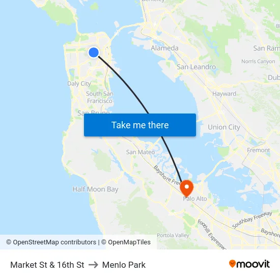 Market St & 16th St to Menlo Park map