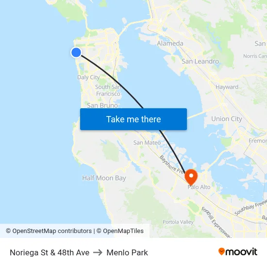 Noriega St & 48th Ave to Menlo Park map
