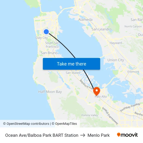 Ocean Ave/Balboa Park BART Station to Menlo Park map
