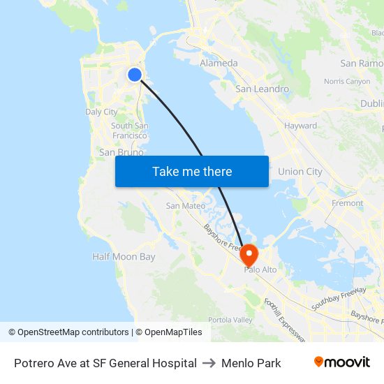 Potrero Ave at SF General Hospital to Menlo Park map