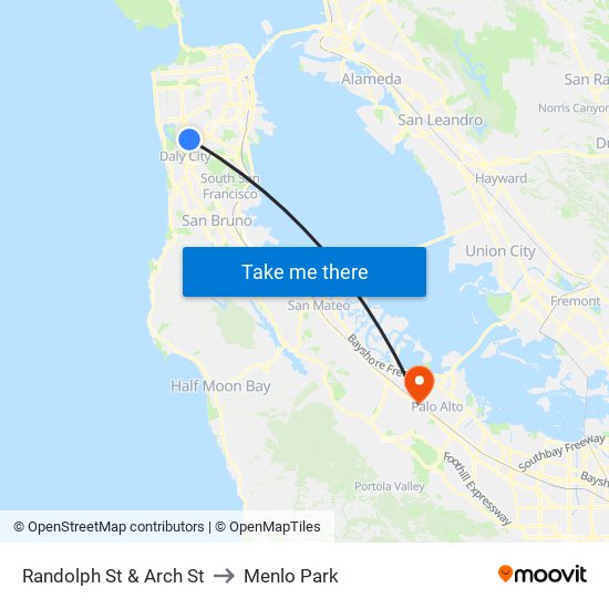 Randolph St & Arch St to Menlo Park map