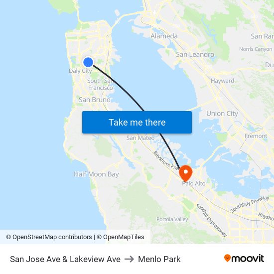 San Jose Ave & Lakeview Ave to Menlo Park map