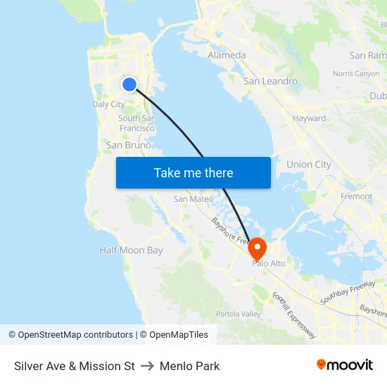 Silver Ave & Mission St to Menlo Park map