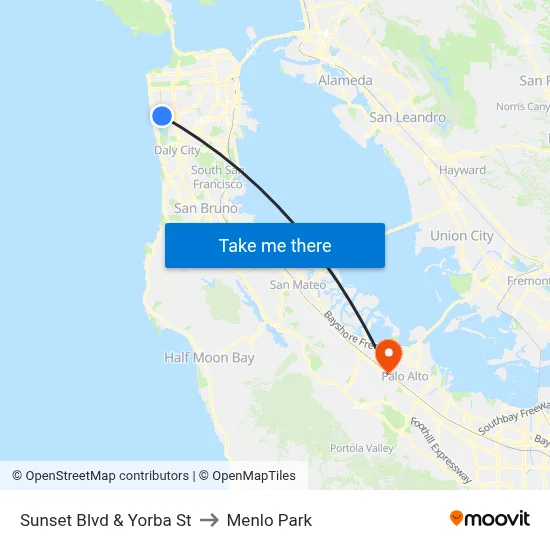 Sunset Blvd & Yorba St to Menlo Park map