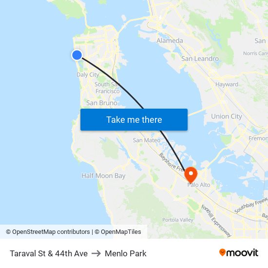 Taraval St & 44th Ave to Menlo Park map