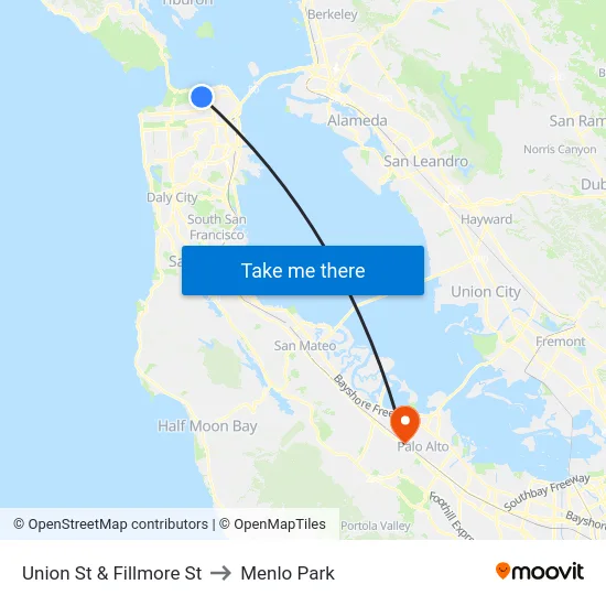 Union St & Fillmore St to Menlo Park map