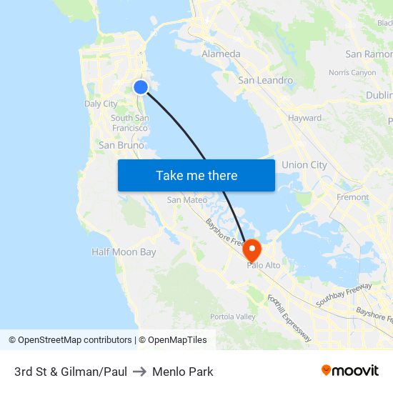 3rd St & Gilman/Paul to Menlo Park map