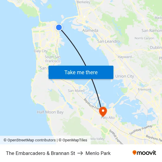 The Embarcadero & Brannan St to Menlo Park map