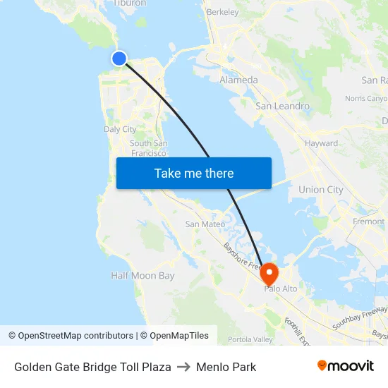 Golden Gate Bridge Toll Plaza to Menlo Park map