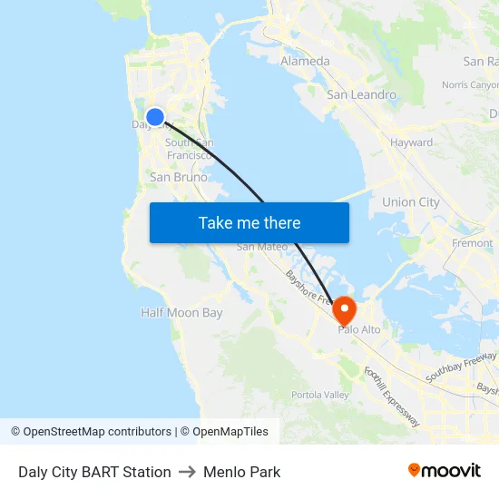 Daly City BART Station to Menlo Park map