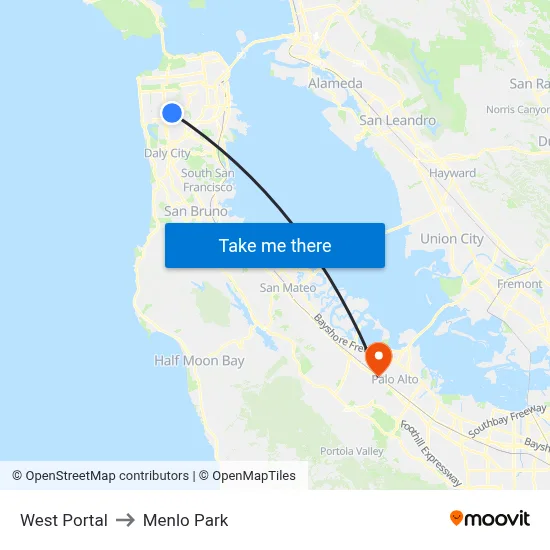 West Portal to Menlo Park map