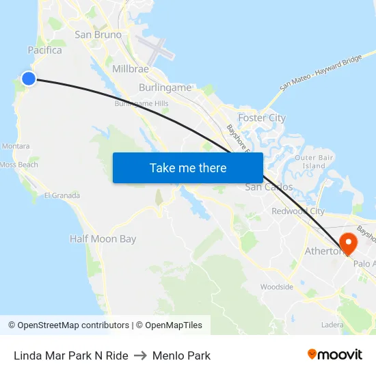 Linda Mar Park N Ride to Menlo Park map