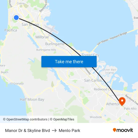 Manor Dr & Skyline Blvd to Menlo Park map