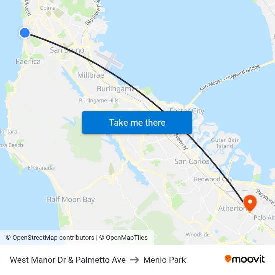 West Manor Dr & Palmetto Ave to Menlo Park map