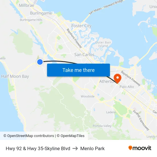 Hwy 92 & Hwy 35-Skyline Blvd to Menlo Park map