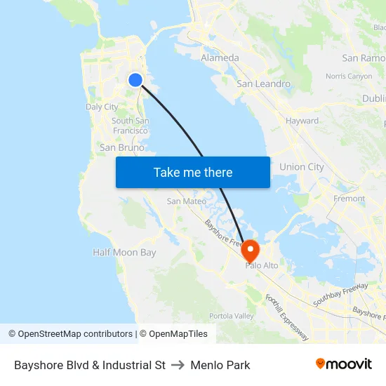Bayshore Blvd & Industrial St to Menlo Park map