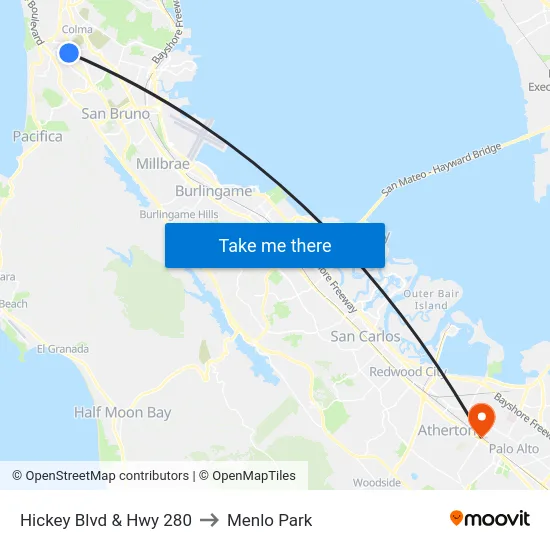 Hickey Blvd & Hwy 280 to Menlo Park map