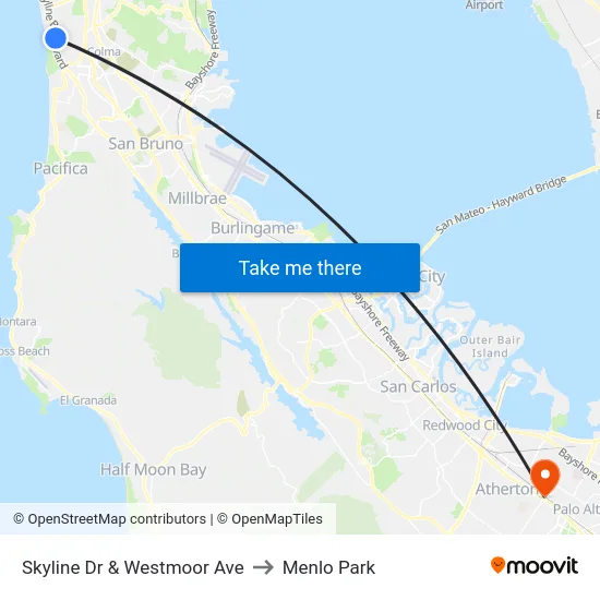 Skyline Dr & Westmoor Ave to Menlo Park map