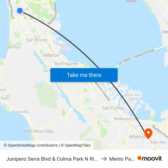 Junipero Serra Blvd & Colma Park N Ride to Menlo Park map