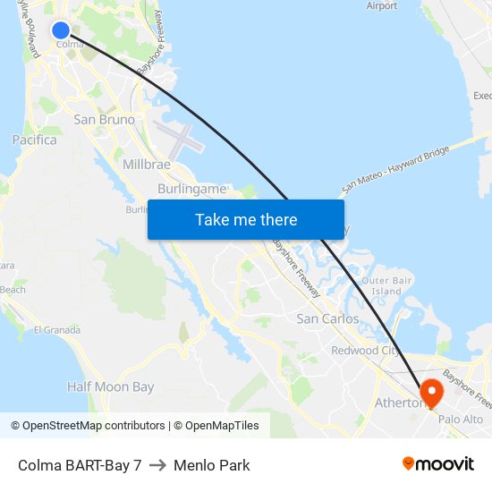 Colma BART-Bay 7 to Menlo Park map