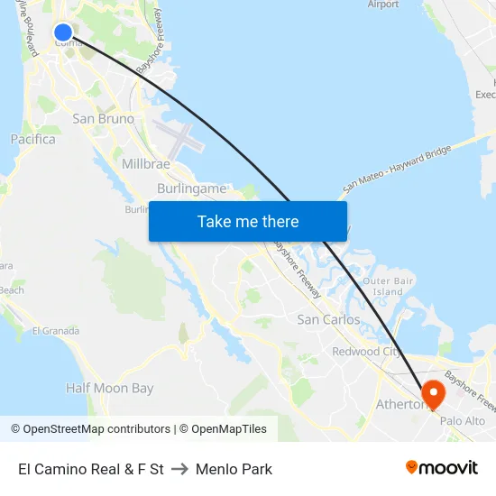 El Camino Real & F St to Menlo Park map