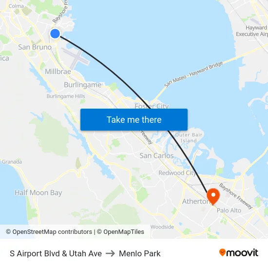 S Airport Blvd & Utah Ave to Menlo Park map