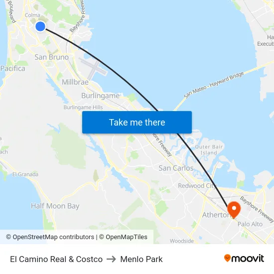 El Camino Real & Costco to Menlo Park map