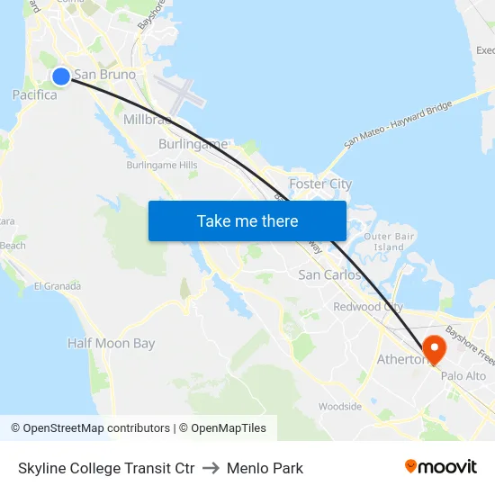 Skyline College Transit Ctr to Menlo Park map