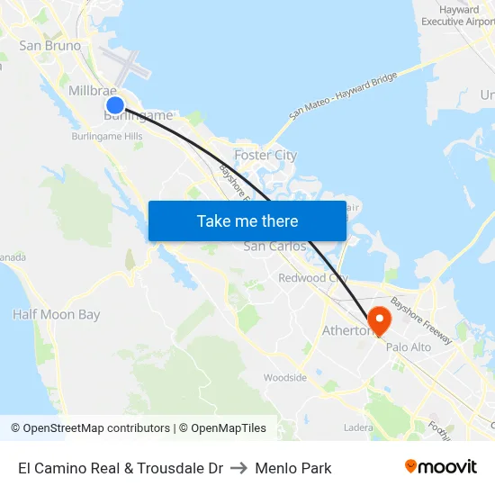 El Camino Real & Trousdale Dr to Menlo Park map