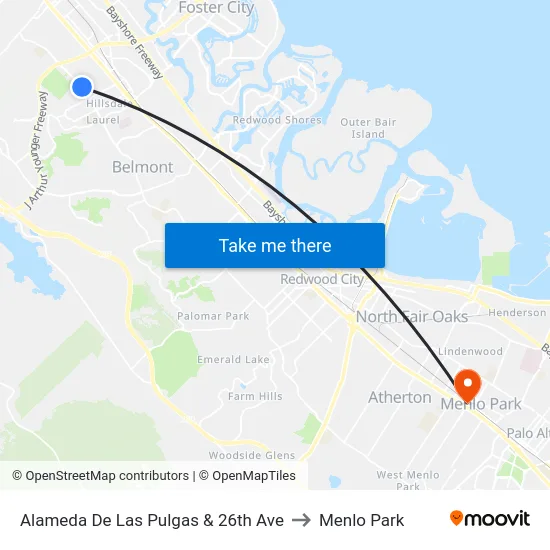 Alameda De Las Pulgas & 26th Ave to Menlo Park map
