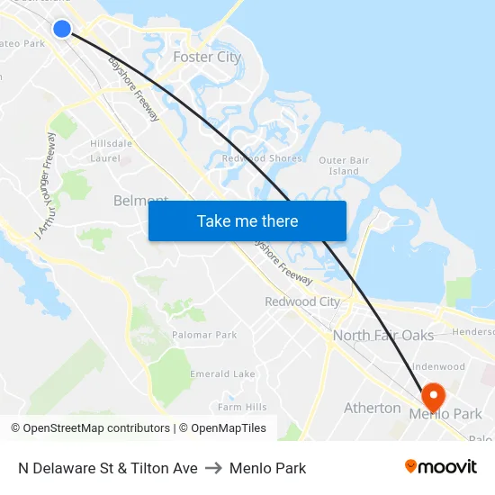 N Delaware St & Tilton Ave to Menlo Park map