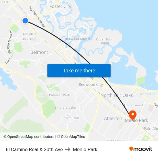 El Camino Real & 20th Ave to Menlo Park map
